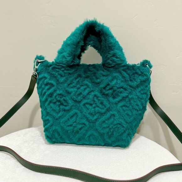 Turquoise Handmade Real Embossed Shearling Top Handle Bag, Fur Tote, Crossbody - Picture 2 of 14
